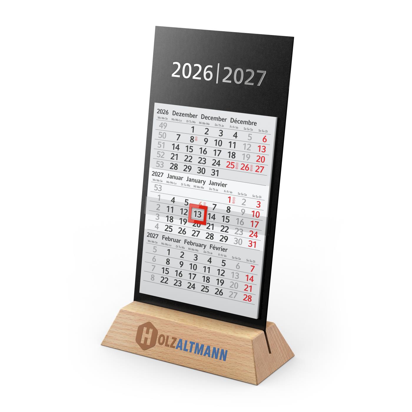 Tischkalender Desktop Wood 3 Holzaufsteller Karton-Rückwand schwarz