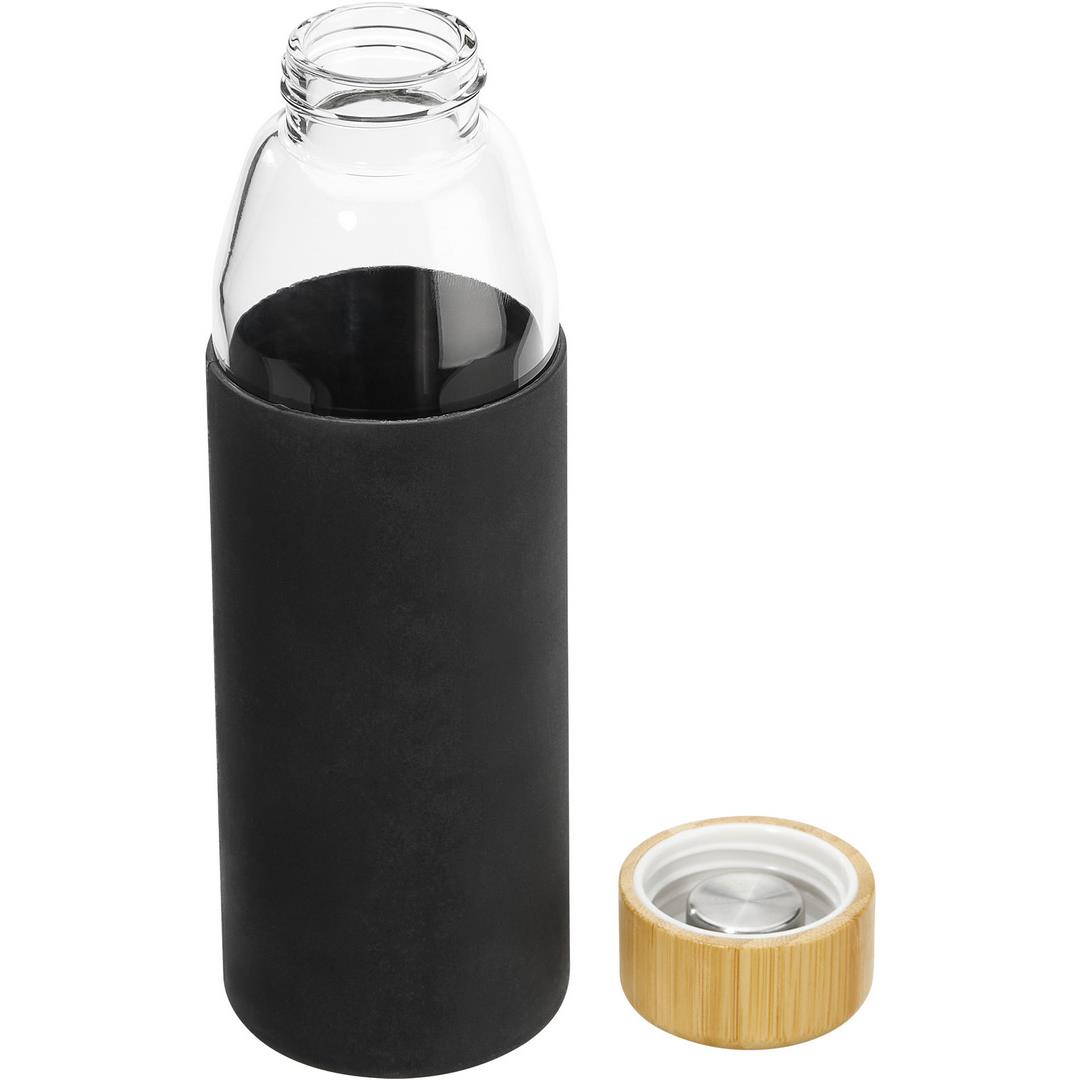 Hitzebeständige Glas-Trinkflasche 0,5 l mit Bambusdeckel, Silikonmanschette und Geschenkbox