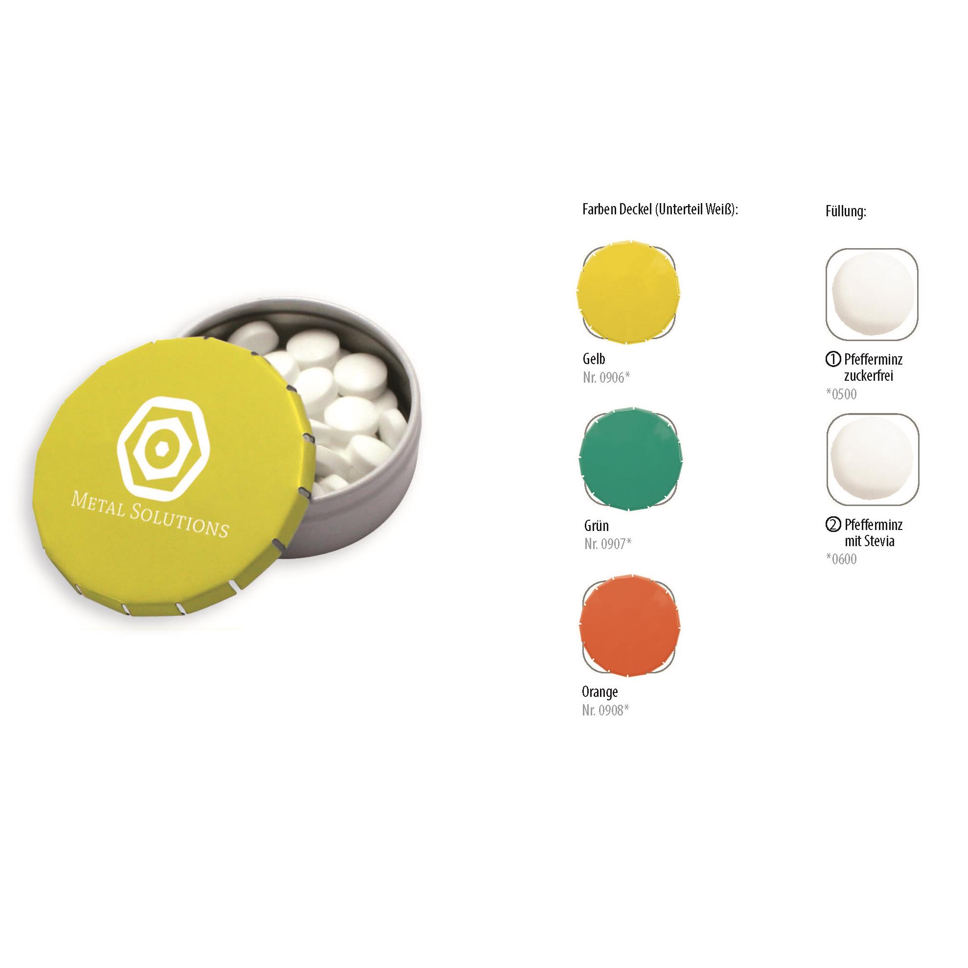 Klick-Dose-45 Duo Colour, gelb / weiß 12 g, Inhalt: Pfefferminz-Pastillen; Stevia