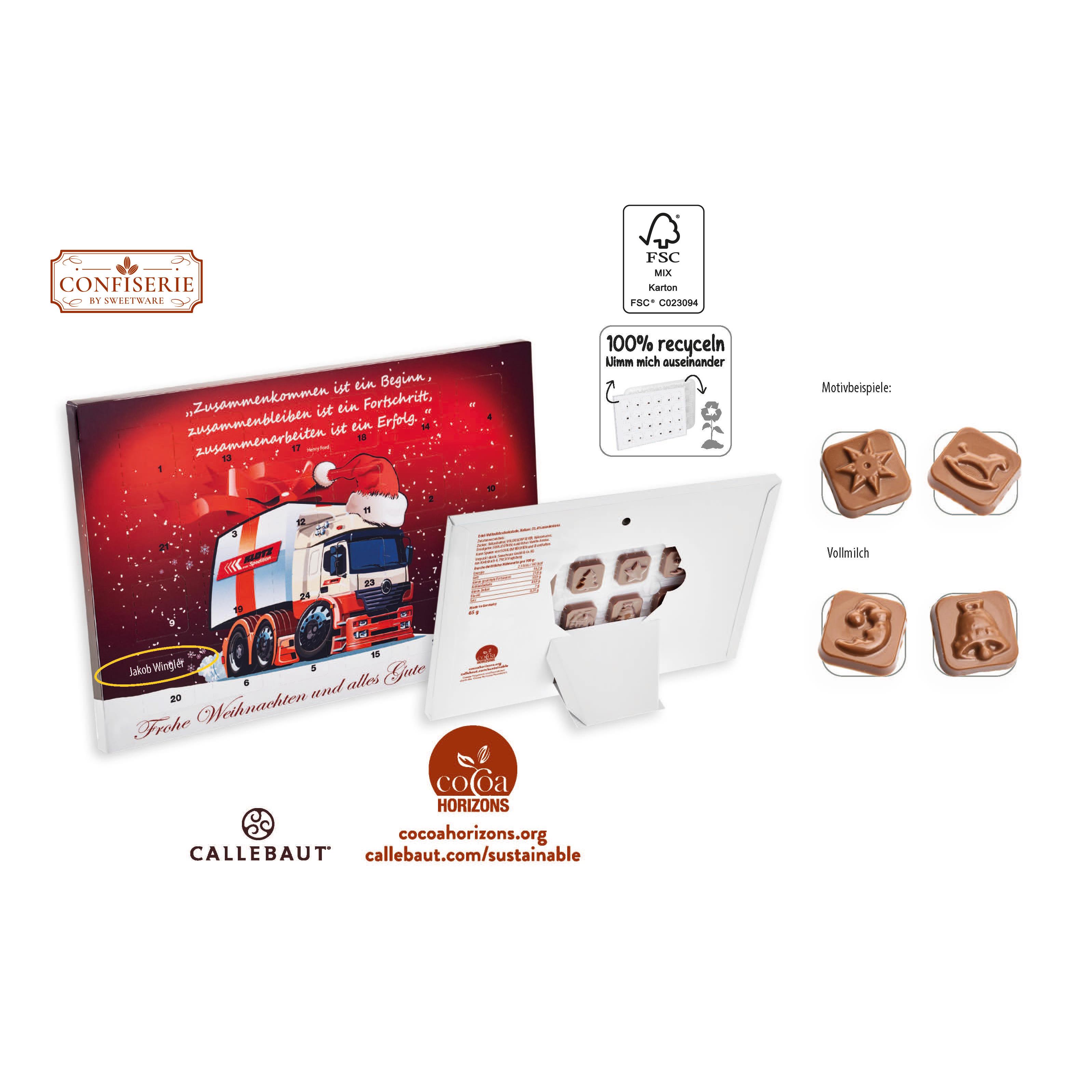 Tisch Adventskalender personalisiert,   60 g, Inhalt: Callebaut Vollmilch Schokolade Kalender