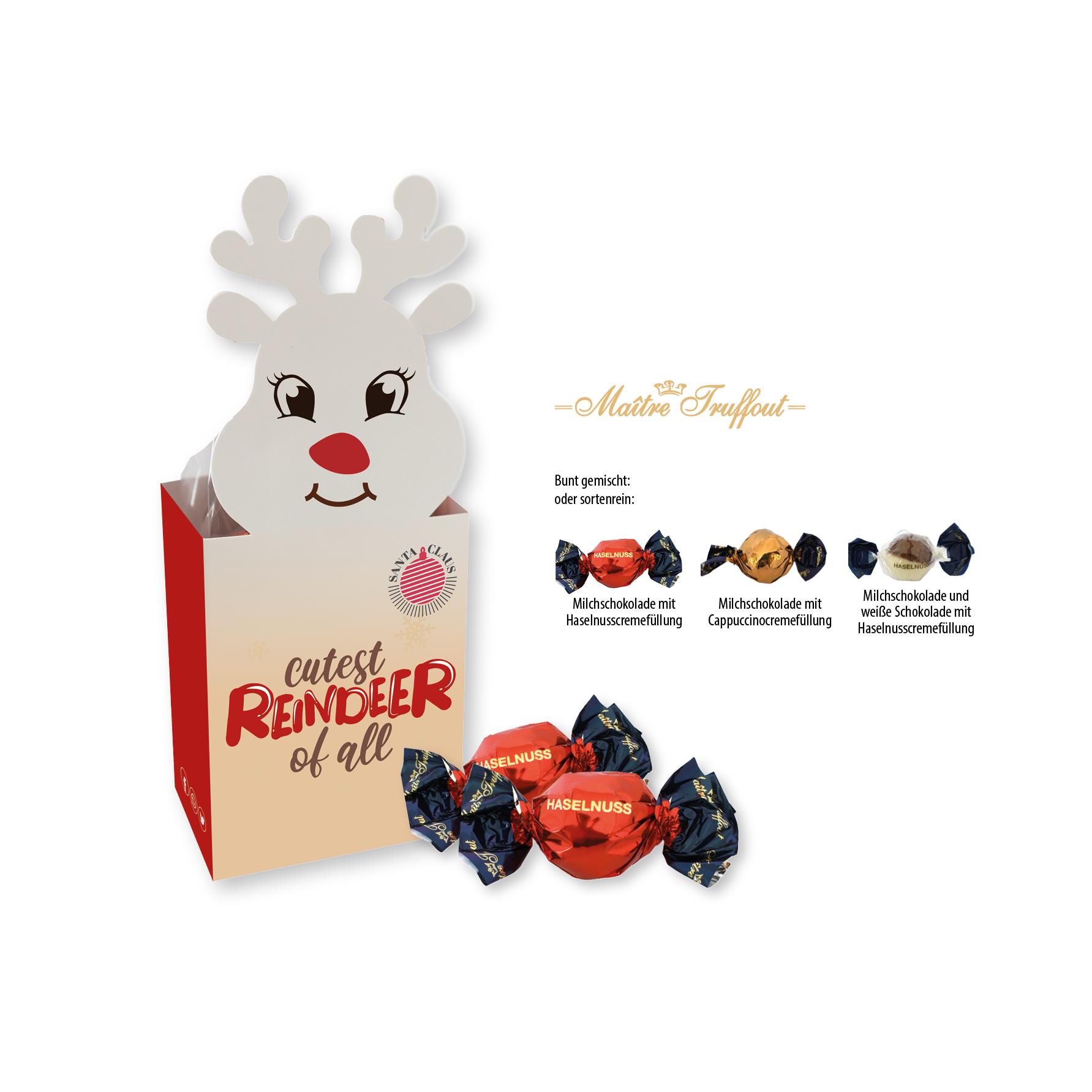Weihnachtspralinés in Motivkartonage ´Rentier´,   5 Stück, Inhalt: Pralinen Milchschokolade mit Haselnusscremefüllung