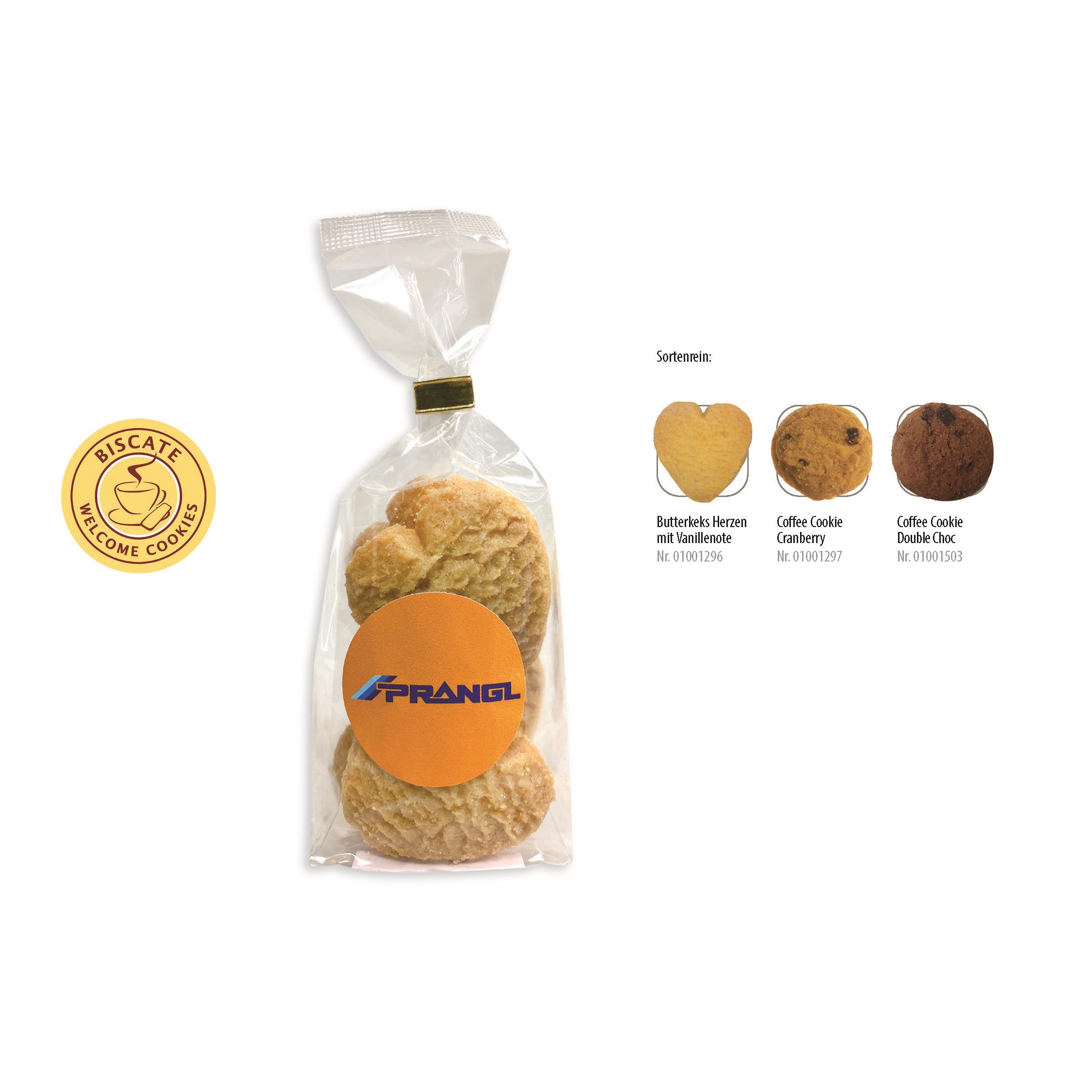Cookies Bodenstandbeutel mit Werbeaufkleber,   5 Stück, Inhalt: Butterkeks Herzen