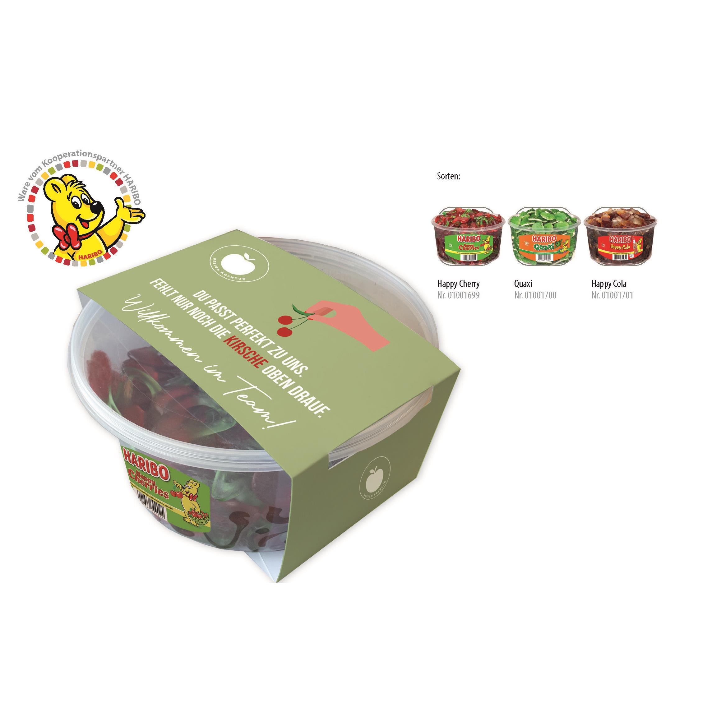 HARIBO Runddosen mit Kartonbanderole,   150 Stück, Inhalt: HARIBO Quaxi