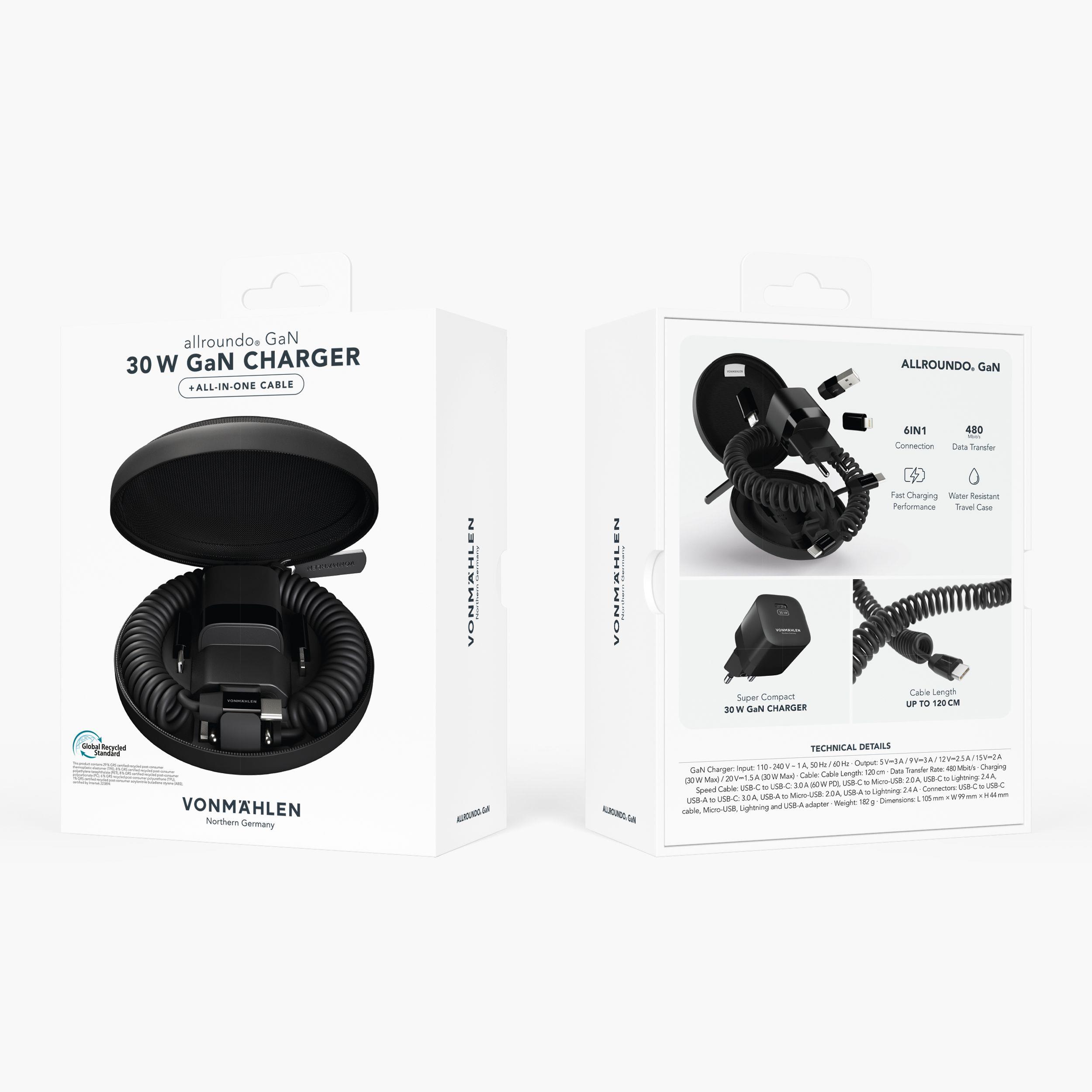 allroundo® GaN - Der 30 W GaN Charger + All-In-One Kabel - Schwarz