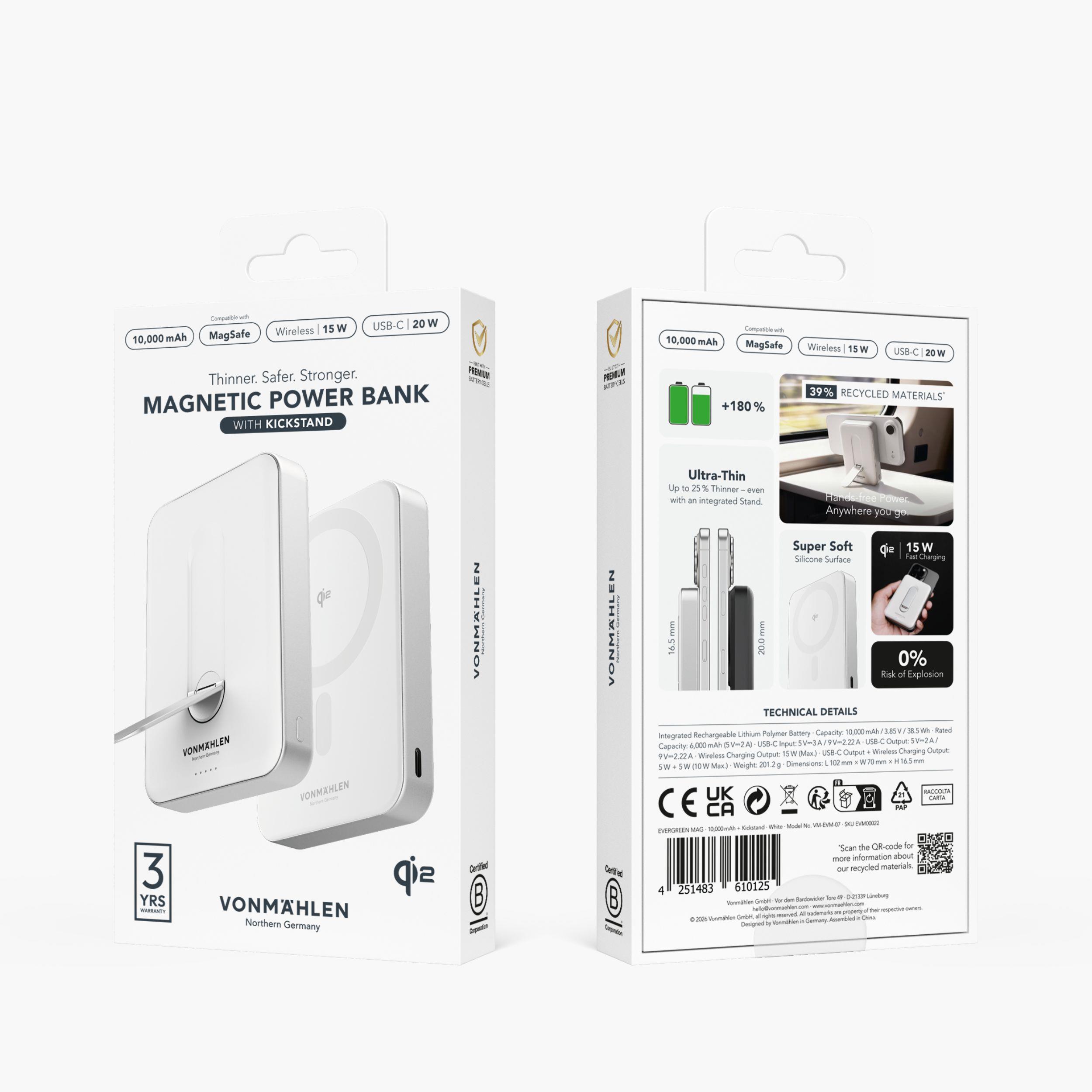 Evergreen Mag 10000 mit Kickstand - Die magnetische Powerbank mit Standfunktion - Weiß