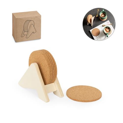 PLYCORK. Sperrholzständer mit 6 Korkuntersetzern