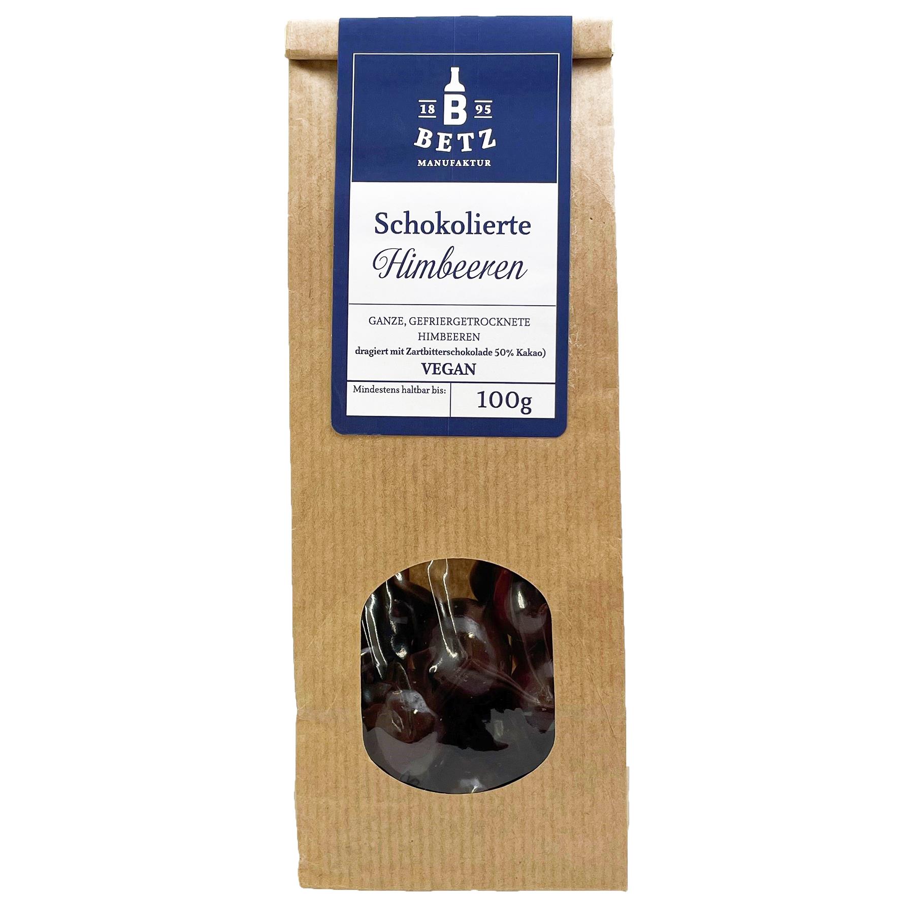 Schokolierte Himbeeren mit Zartbitterschokolade 80 g VEGAN in Präsentkartonage