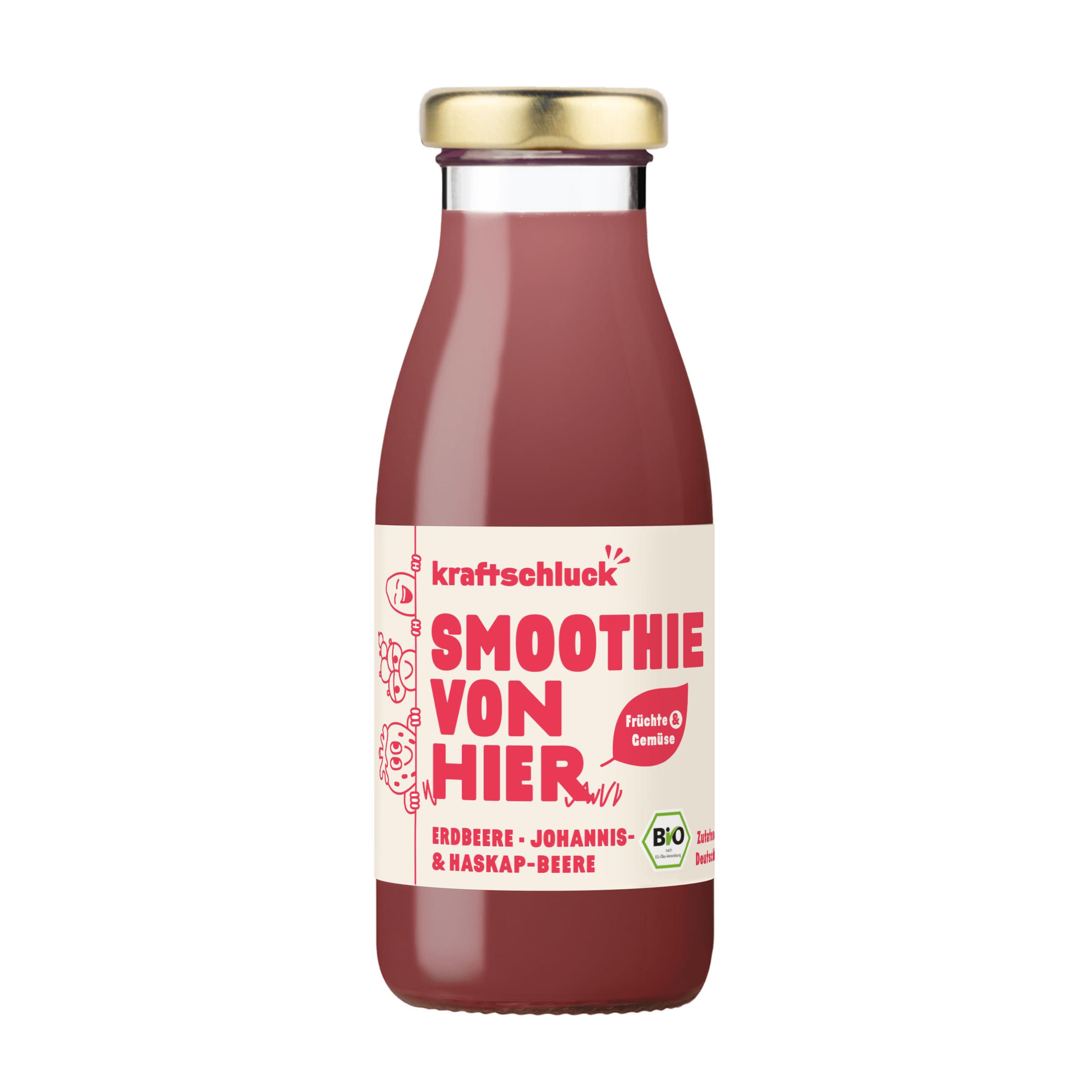 kraftschluck, roter Smoothie, ERDBEERE, JOHANNIS- & HASKAPBEERE, bio, mit Aufkleber